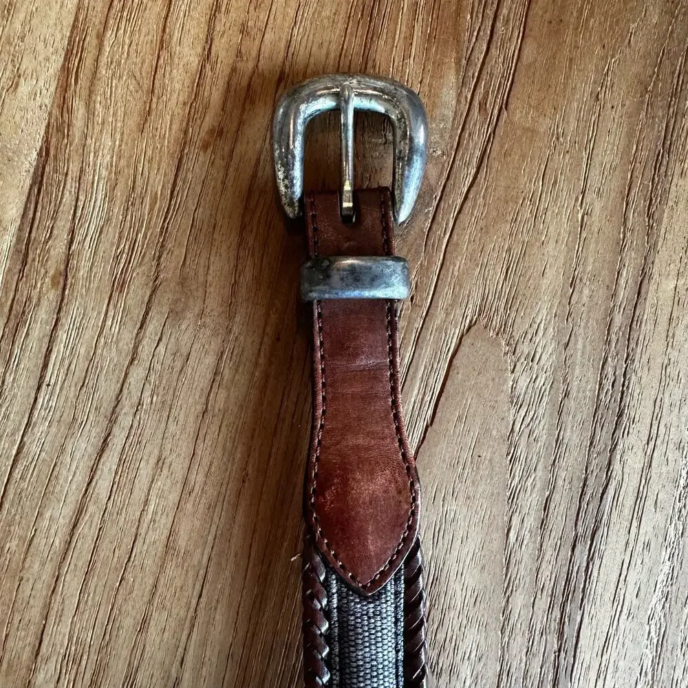 90’s Y2K Vintage Men’s Brown Leather Belt Woven Preppy Distressed Dad Grandpa 38